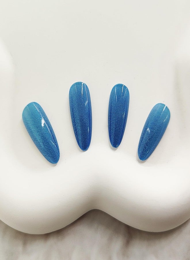 KKUUOO Blue Press on Nails Almond Fake Nails Gradient Acrylic Nails with Glitter Full Cover False Nails Glossy Stick on Nails Reusable Artificial Nails Jelly Press on Nails for Women Girls - Image 2